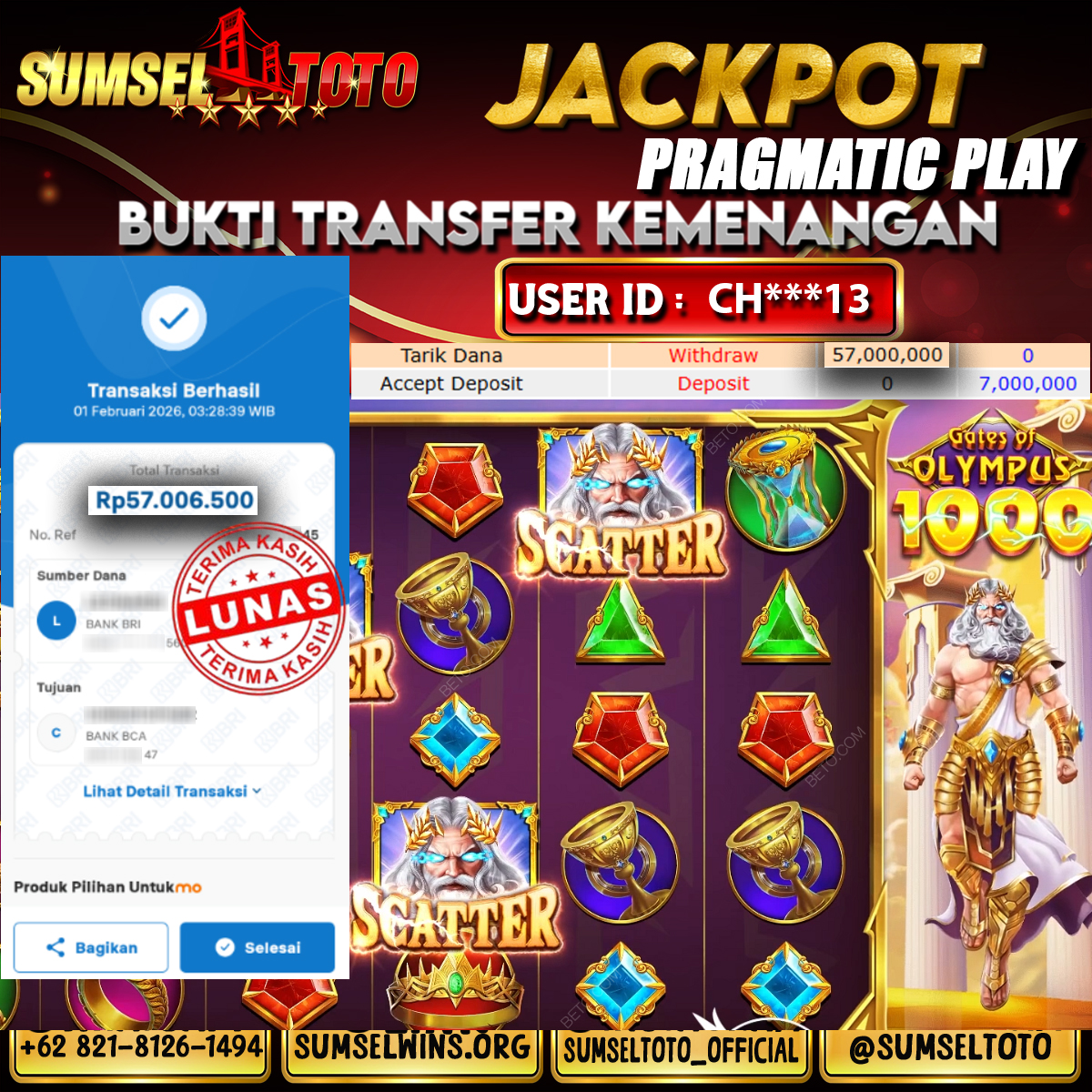 UMSELTOTO JACKPOT SLOT GATES OF OLYMPUS 1000 Rp.57,000,000.,- LUNAS